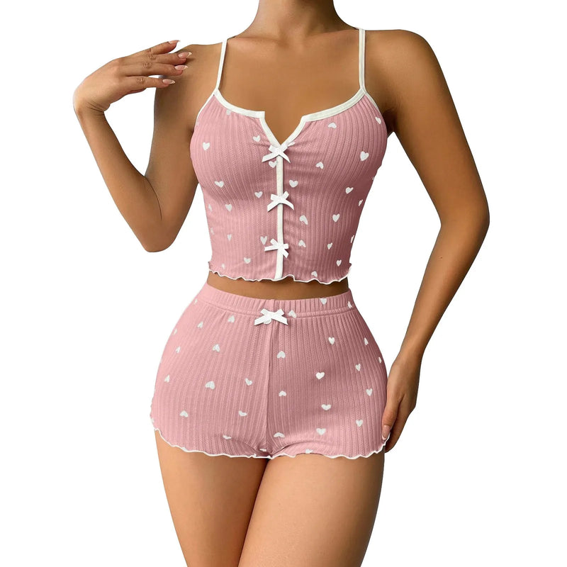 Cute Crop Top and Shorts Ribbed Pajama Set