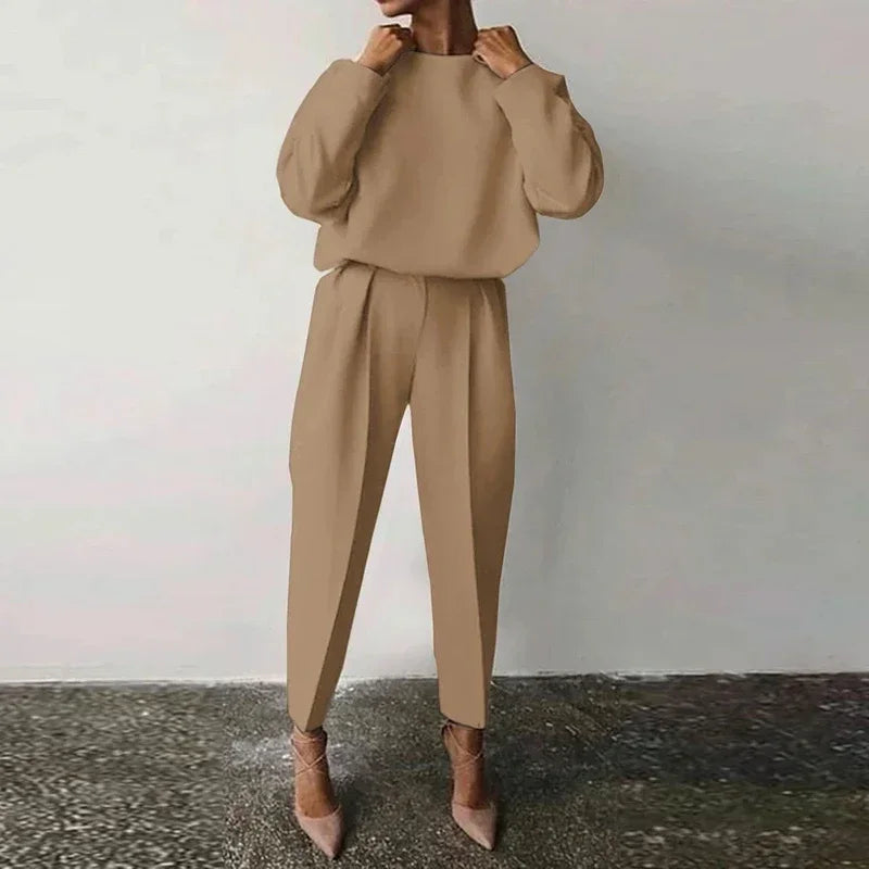 Casual O-neck Full Sleeve Pullover Pleated Long Trousers 2-Piece Outfit