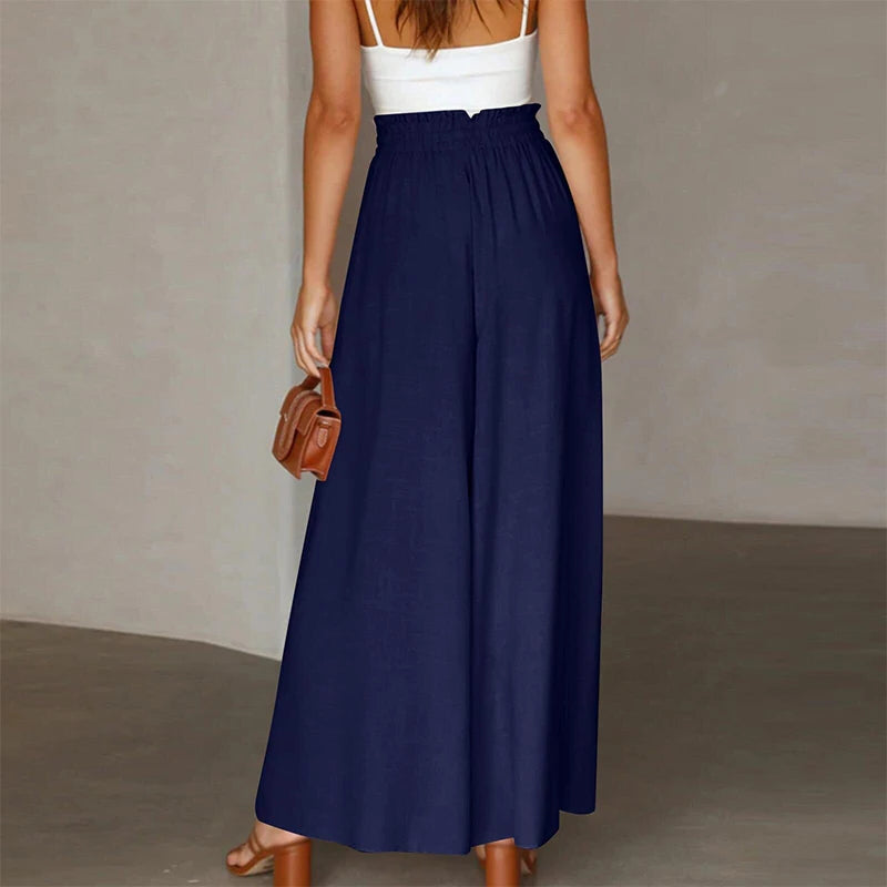 Casual Bandage Wide Leg Skirt Pants – Women's Elastic Waist Solid Color Culottes with Pockets