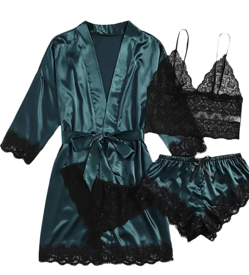 Lace Camisole, Shorts, and Robe Pajama Set