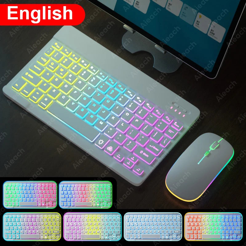 Rainbow RGB Backlit Wireless Keyboard and Mouse Set for Tablet, iPad, and Smartphone