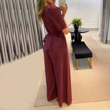 V-neck Short Sleeve High Waist - Wide Leg  Trousers