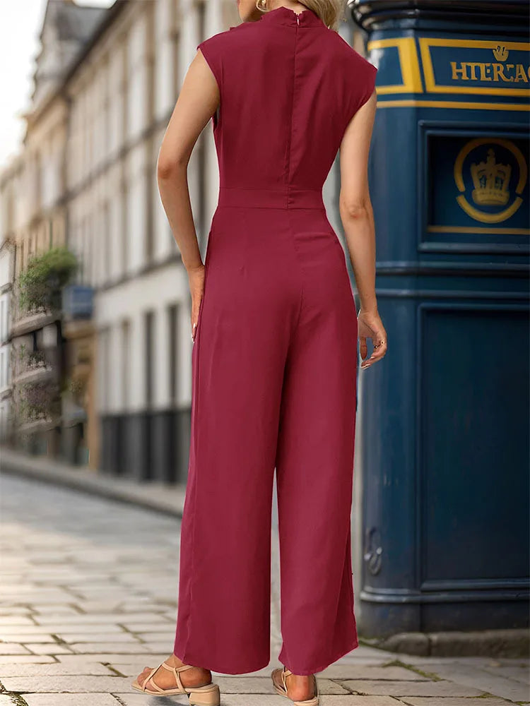 Solid Color Sleeveless Swing Neck One-Piece Jumpsuit