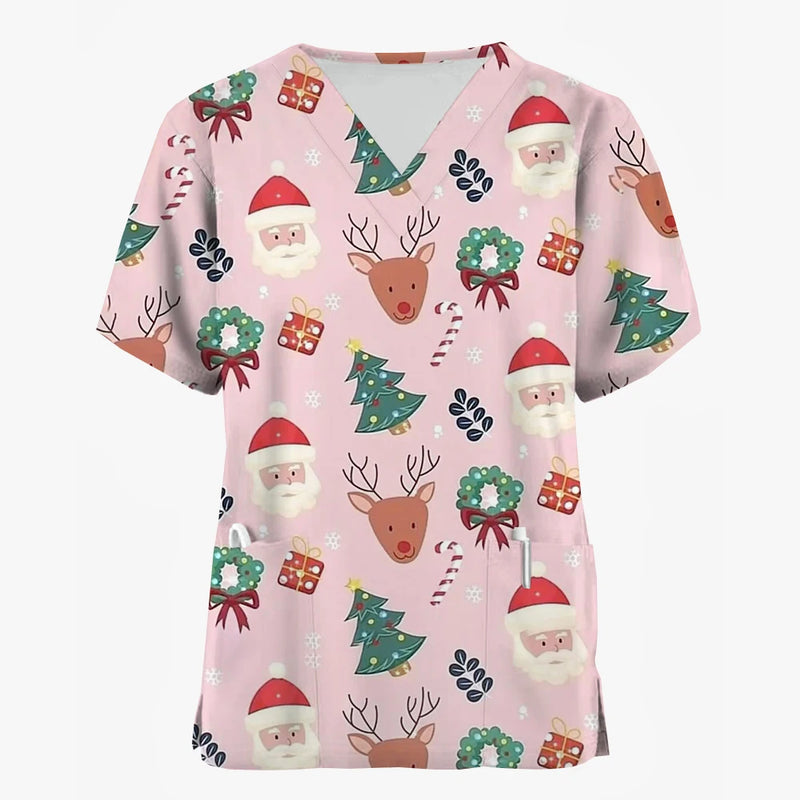 Christmas Holiday V-Neck Short Sleeve Scrub Tops