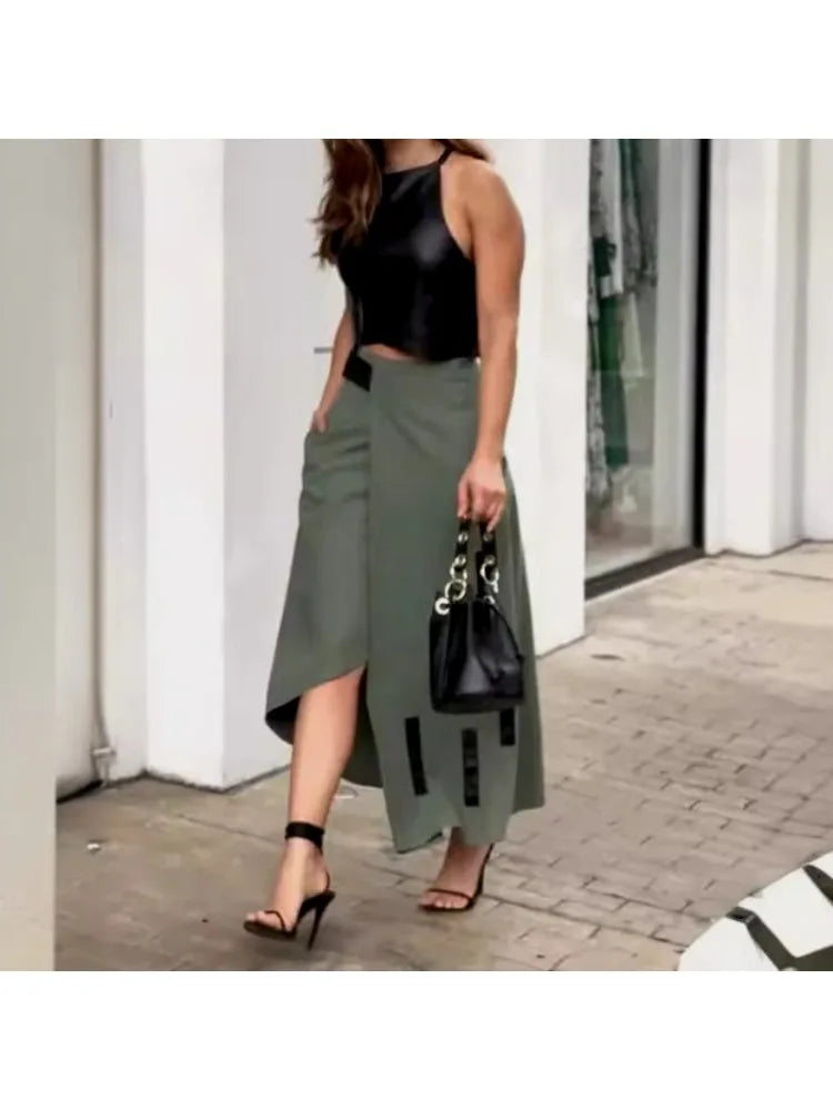 PU Crop Top with Straight Irregular Long Skirt