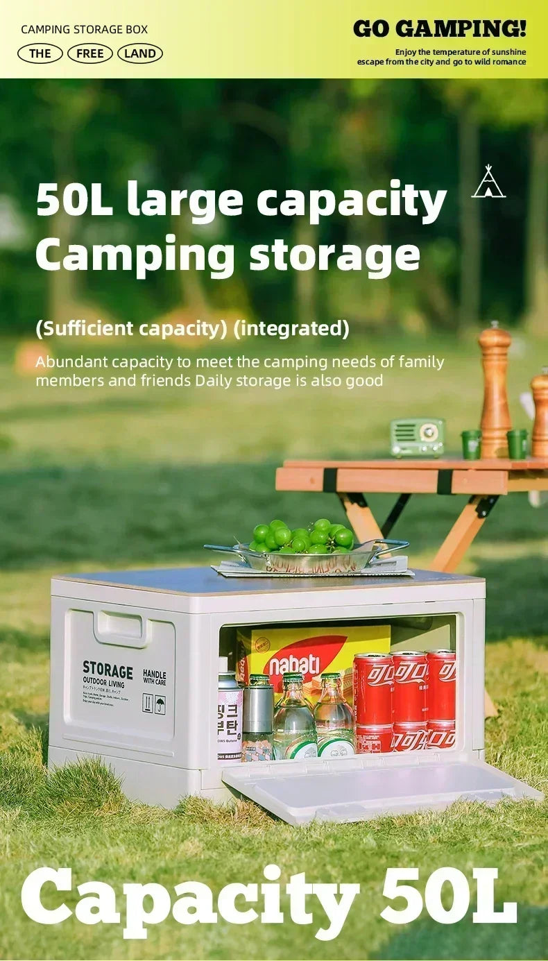 Camping Folding Box with Wooden Cover - Outdoor Storage Organizer