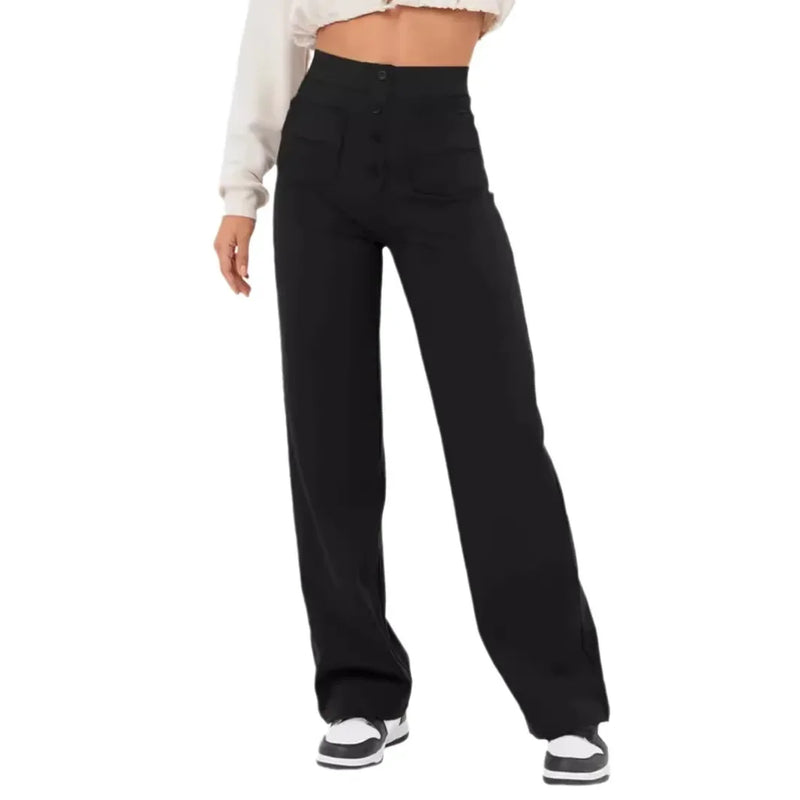 Fashionable New Women's Straight-leg Casual Pants - High-waisted, Buttoned, Elastic Waist with Multiple Pockets