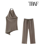 Asymmetric Halter Tank Tops and Straight Pant Sets