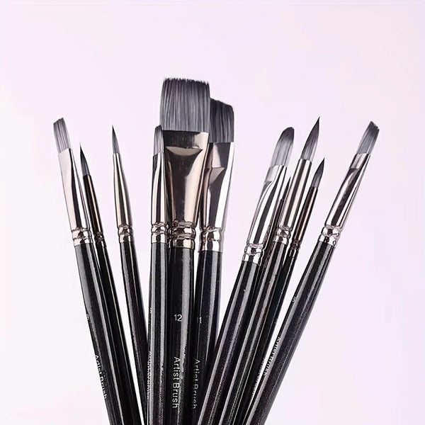 12 Black Wooden Poles Nylon Hair Face Painting Body Painting Brushes