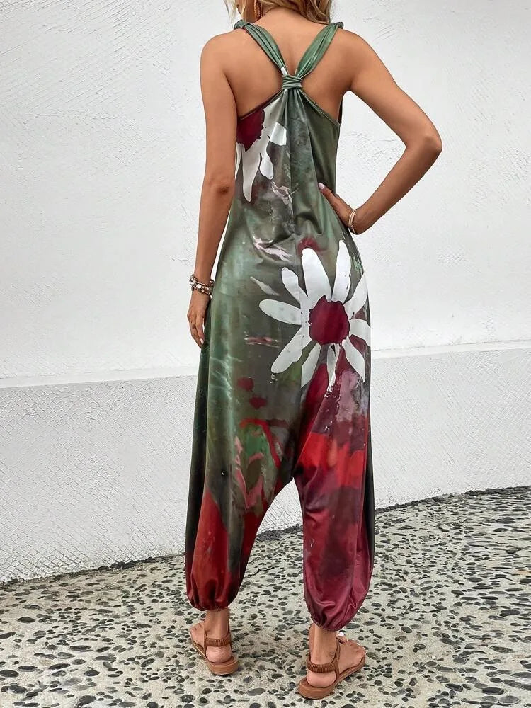 Fashion Printed Sleeveless V-neck jumpsuit