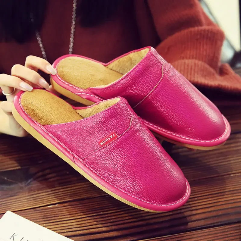 Winter Indoor Warm Lovers Thick Wool Anti-Skid Leather Slippers