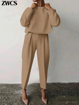 Casual O-neck Full Sleeve Pullover Pleated Long Trousers 2-Piece Outfit