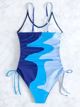 One Piece Printed Drawstring Swimsuit - Swimming Beachwear Bodysuit