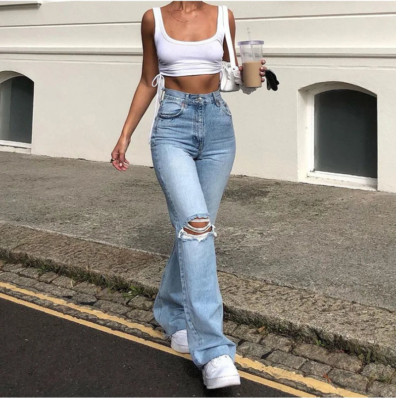 High Waist Ripped Boot Cut Jeans