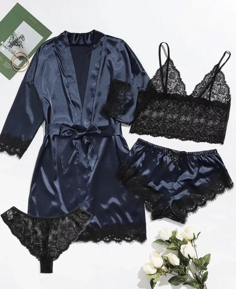 Lace Camisole, Shorts, and Robe Pajama Set