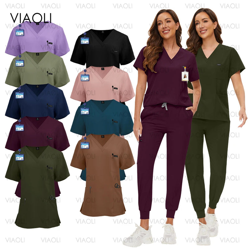 Women's Scrubs Uniform Set: Short Sleeve, V-neck Tops + Jogger Pants Set