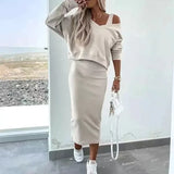 V-Neck Long Sleeve Pullover Top and Skirt Dress Set