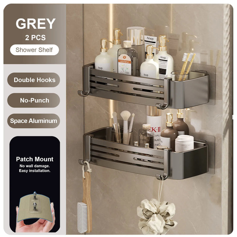 Punch-Free Bathroom or Shower Shelf - Aluminum Hanging Rack