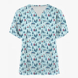 Christmas Holiday V-Neck Short Sleeve Scrub Tops