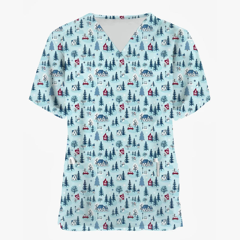 Christmas Holiday V-Neck Short Sleeve Scrub Tops