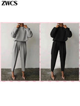 Casual O-neck Full Sleeve Pullover Pleated Long Trousers 2-Piece Outfit