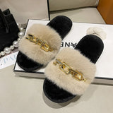 Fluffy Fur Slippers - Fashion Chain Design Women Home Slippers