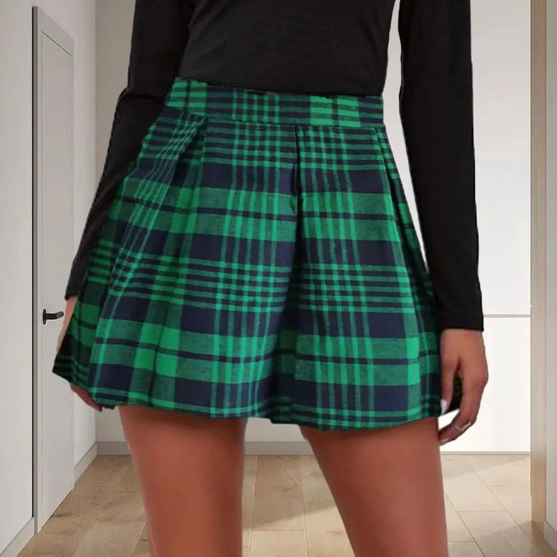 High Waist Pleated Plaid Skirt