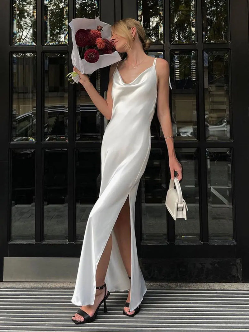 Elegant White Satin Maxi Dress