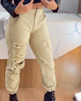 Hollow Out Pocket Design Casual High Waist Long Cuffed Cargo Pants