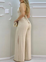 Lace-trimmed Open Back Slit Jumpsuit