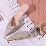 Rhinestone Women's Mule Slides Heeled Pointed Toe