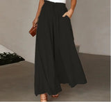 Casual Bandage Wide Leg Skirt Pants – Women's Elastic Waist Solid Color Culottes with Pockets