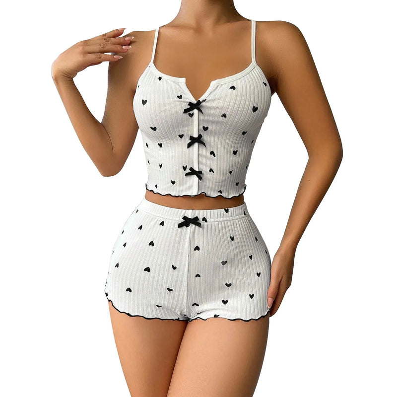 Cute Crop Top and Shorts Ribbed Pajama Set