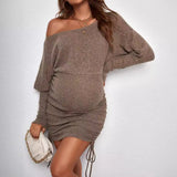 Long Sleeve Maternity Dress with Side Pull Rope and Hip-Fit Design