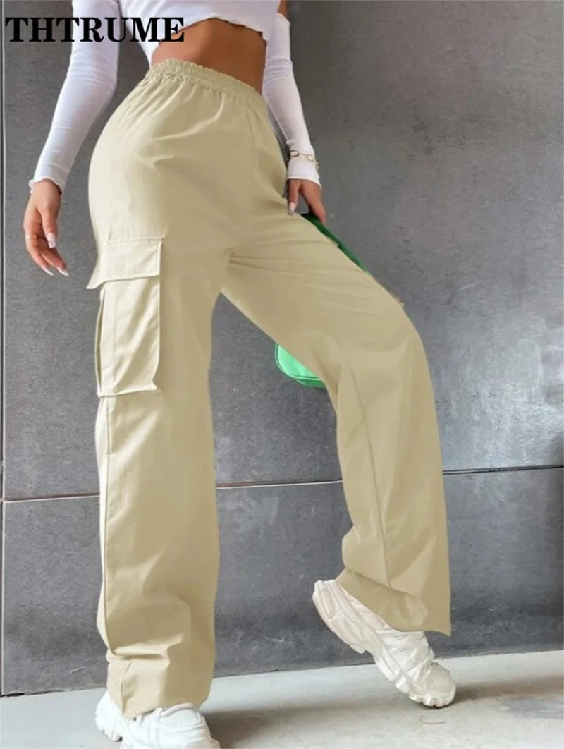 Fashion Solid High Elastic Waist Pocket Straight Cargo Pants