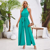 Solid Color Hanging Neck Strap Jumpsuit