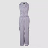 Notched Collar Striped Vest & Pocket Design Straight-Leg Pants Set