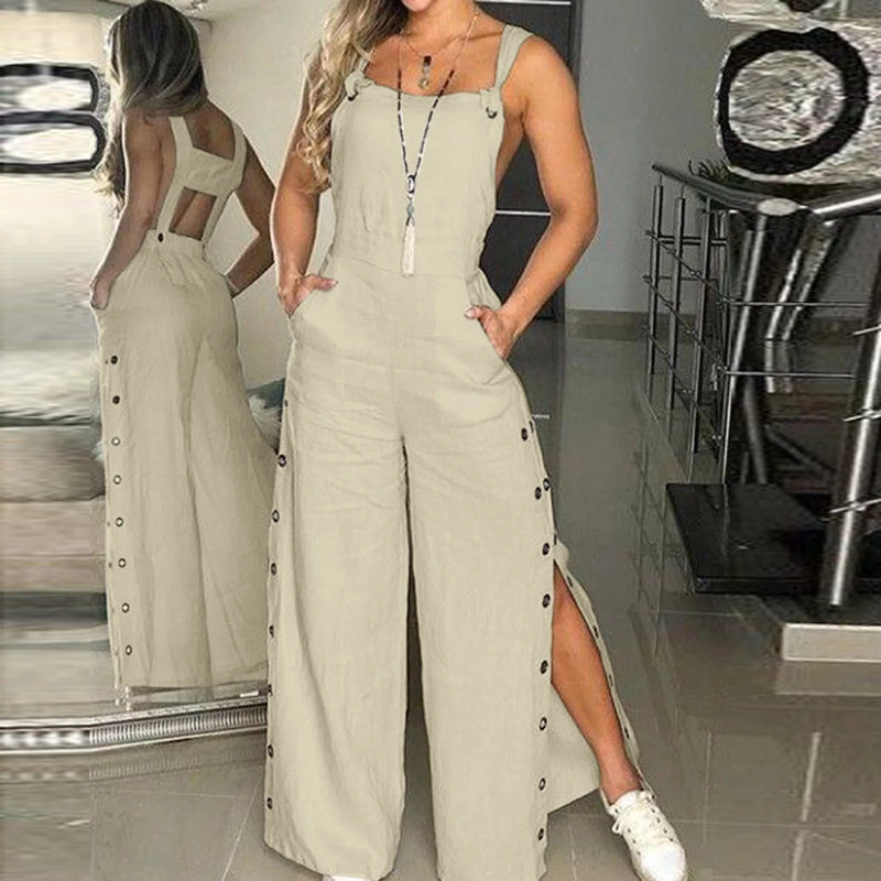 Sleeveless Cotton Strappy Pants with Button Openings