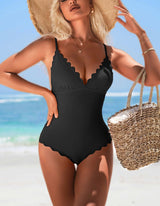 One-Piece Solid Scalloped Trim Swimsuit