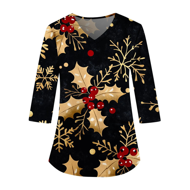 Women's Christmas 3/4 Sleeve Scrub Tops - Fun Christmas Prints