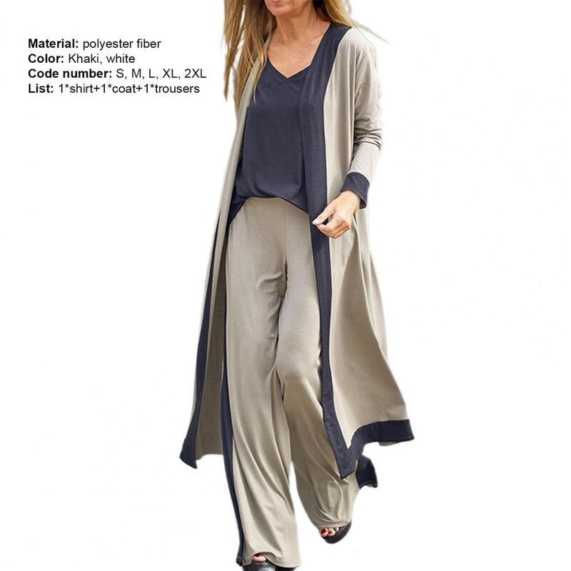 3 Pcs Casual pant set Long Sleeve Cardigan, Coat Sling Top, and Wide Leg Pants