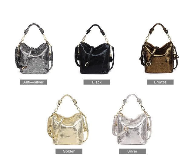 Shiny Bucket Shoulder Bag - Fashion Metallic Gold Silver Handbag