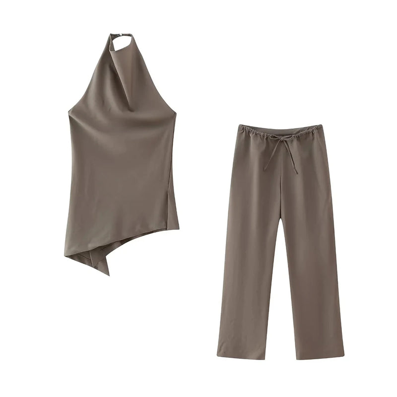 Asymmetric Halter Tank Tops and Straight Pant Sets