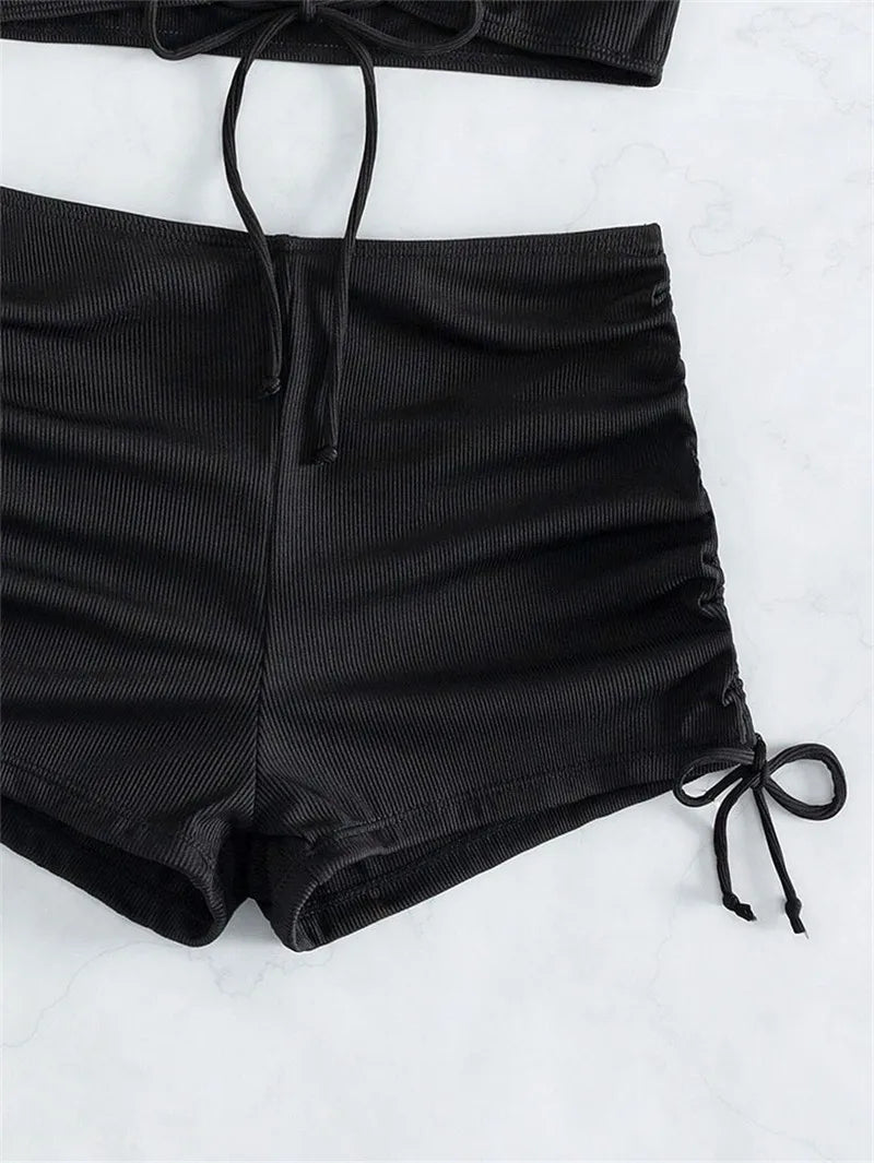 Black Drawstring Swimwear Bikini Set