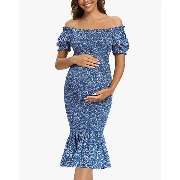 Maternity Square Collar Short Sleeve Midi Long Dress