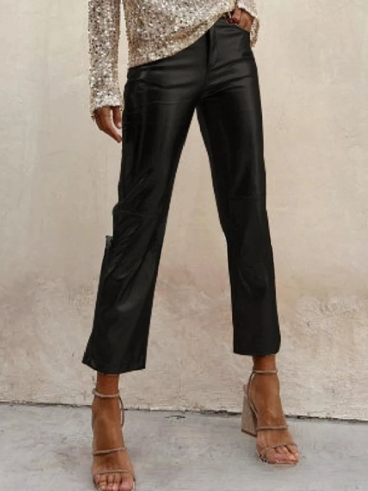 PU Faux Leather Pants - Zipper Classic Leather Slim Cropped Pants