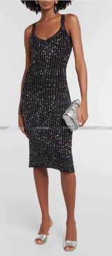 V-Neck Strapless Sequined Midi Dress