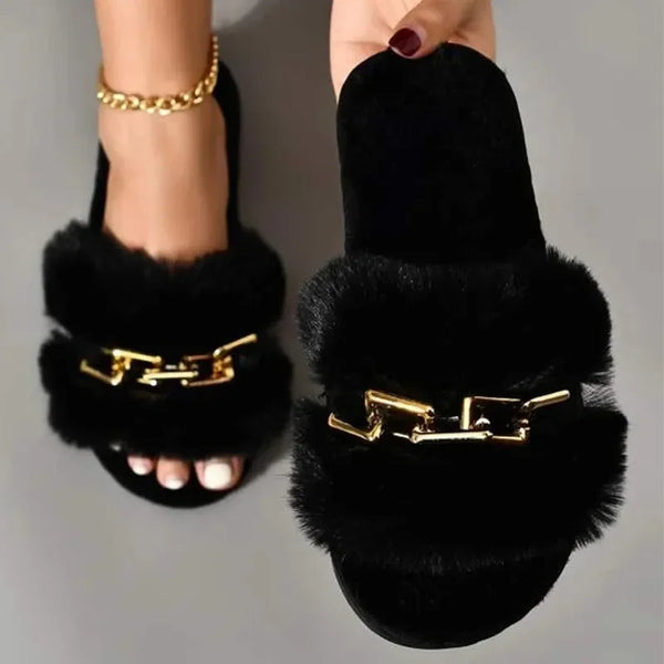 Fluffy Fur Slippers - Fashion Chain Design Women Home Slippers