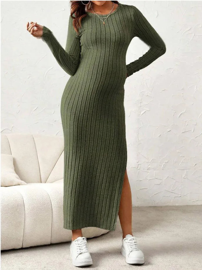 Long Sleeve Rib Knit Solid Color Maternity Dress