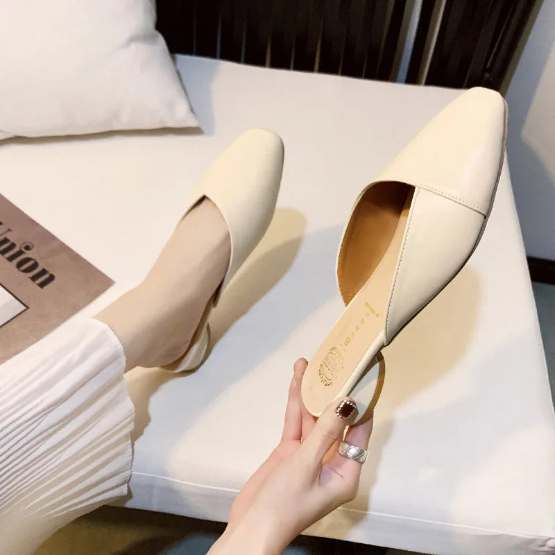 Nude White Square Low Heels Slides